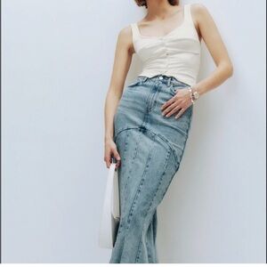 Reformation Light Blue High-Waist Flared Denim Skirt